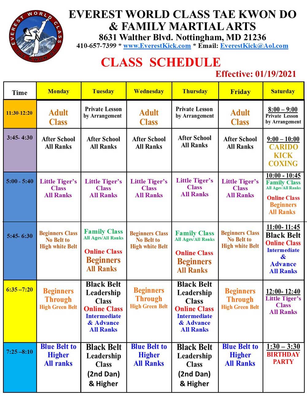 Class Schedule Everest World Class Taekwondo